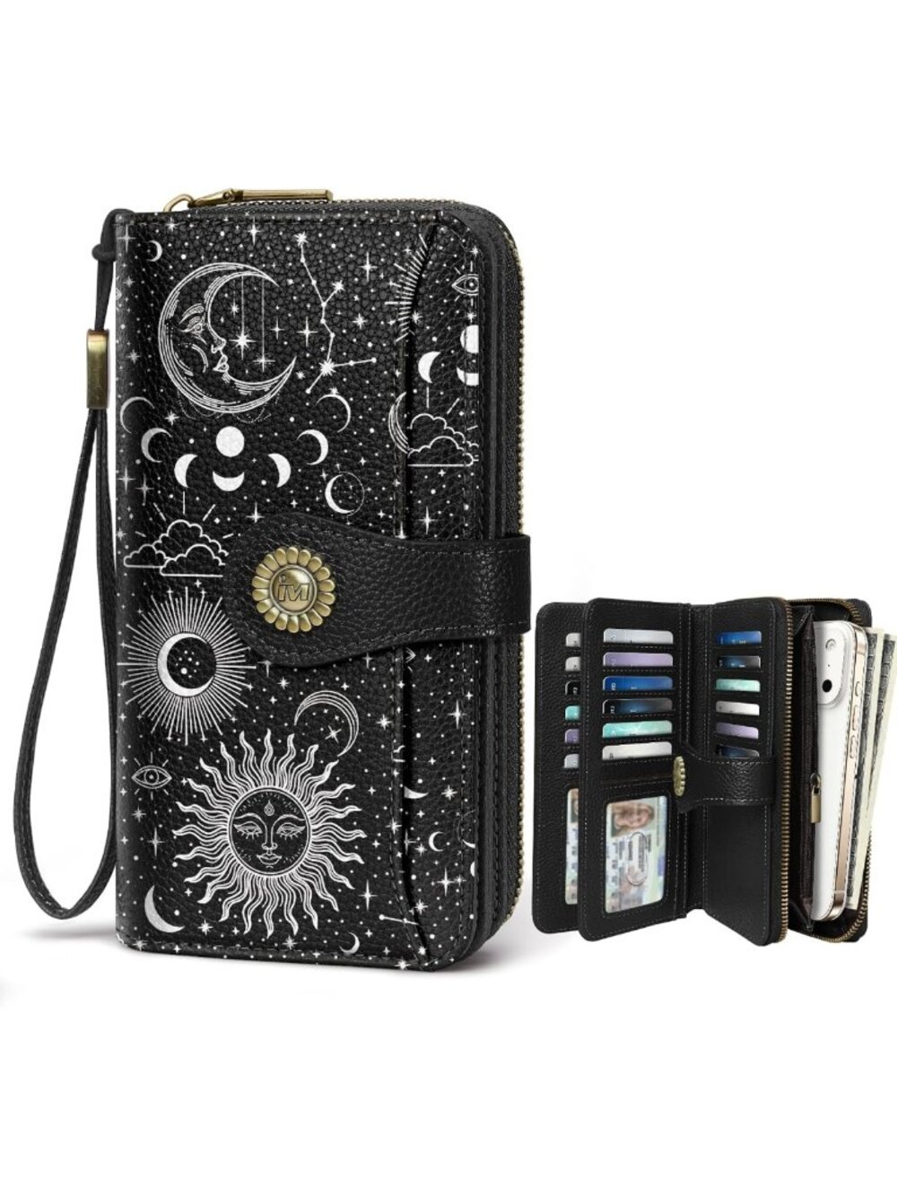 Stylish RFID Phone Wallet Wristlet for Women, Zip Around Clutch with Sun & Moon